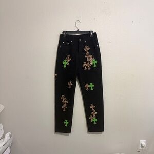 Chrome Hearts Leopard Green Cross Leather Patch Jeans Rockstar Streetwear